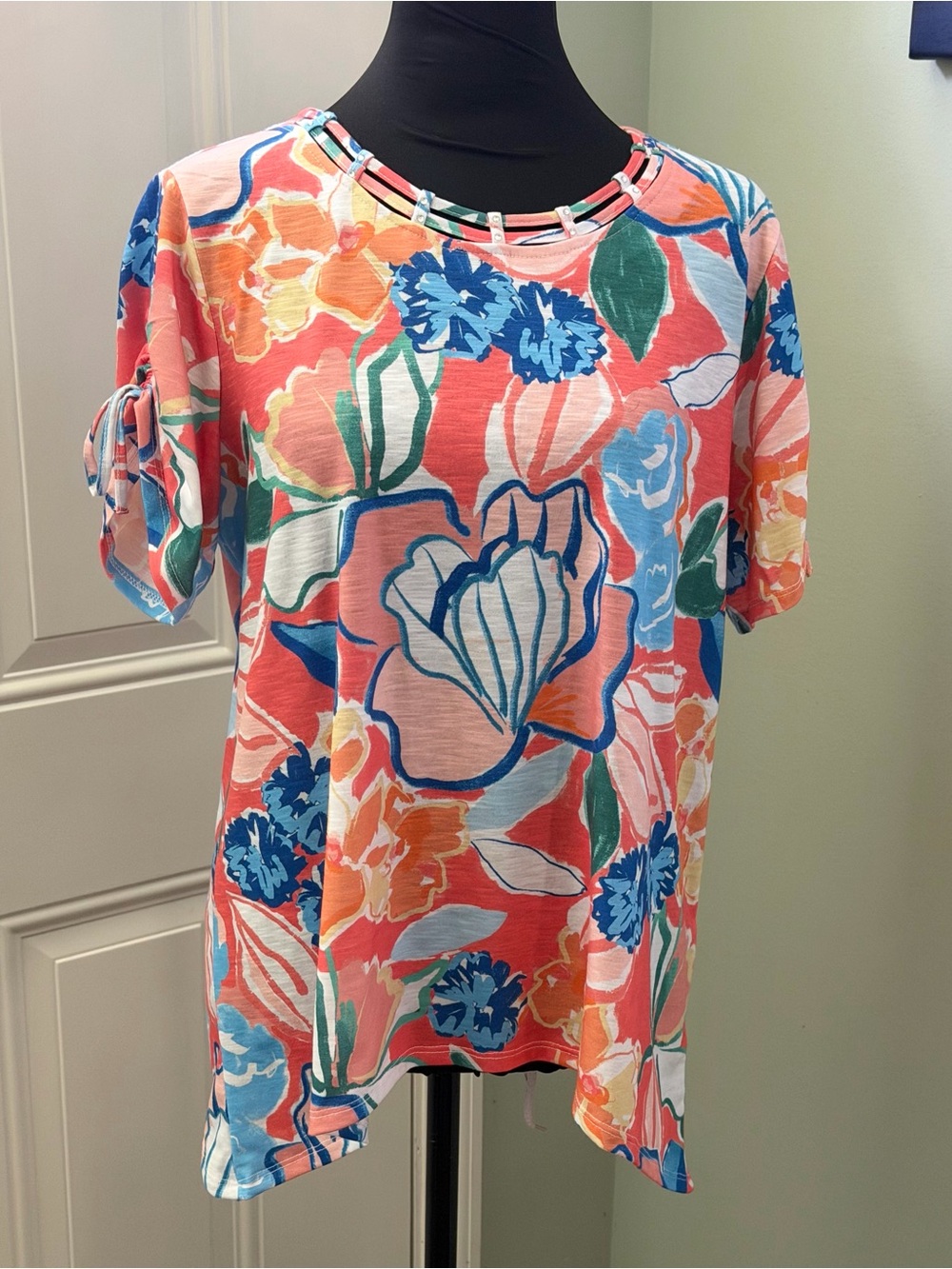Alfred Dunner Coral Floral Short Sleeve Top with Blue and Green Accents